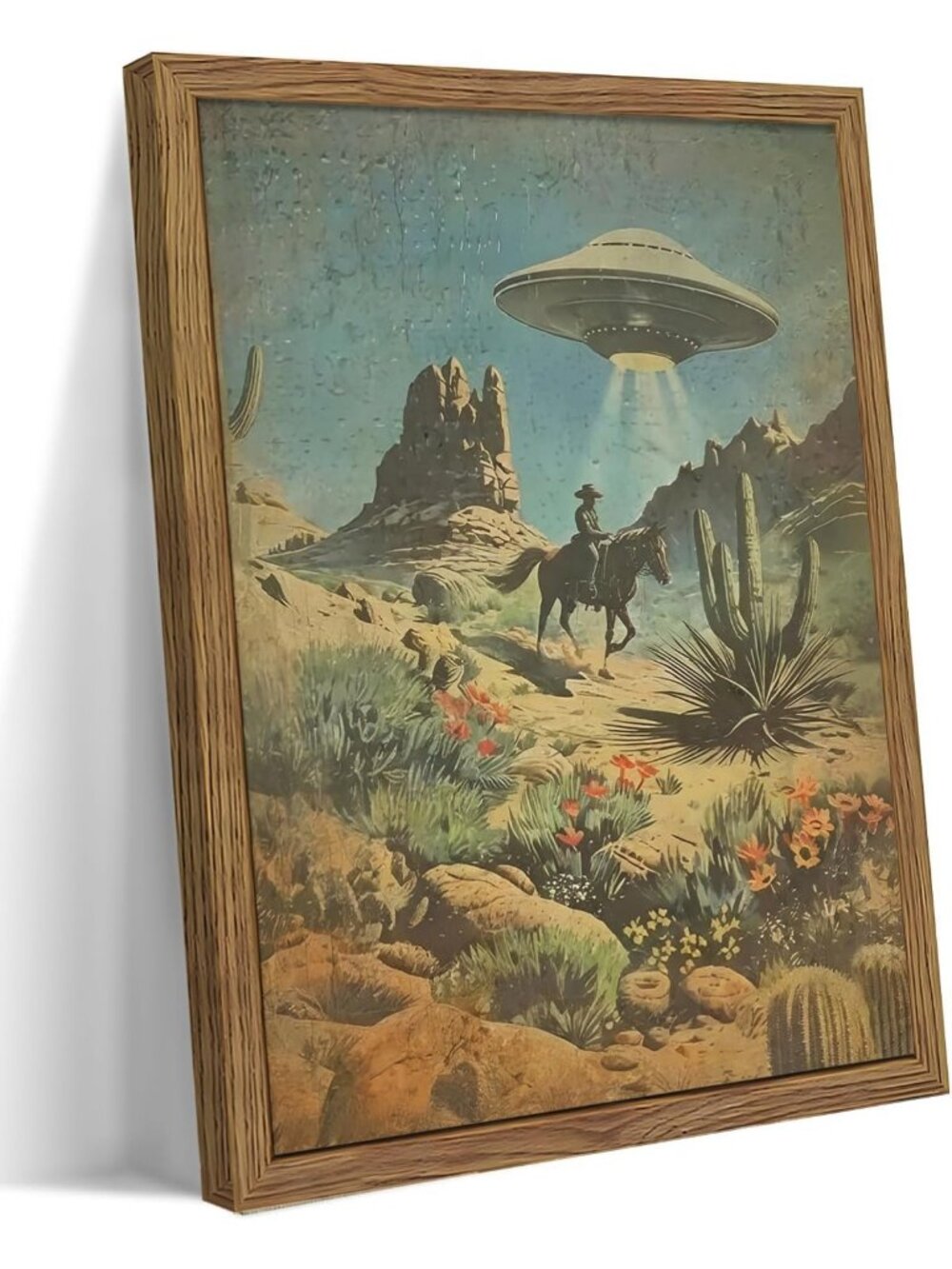Retro Sci-Fi Canvas Wall Art - Alien UFO Abducting Cowboy, Cactus Decor 16x24